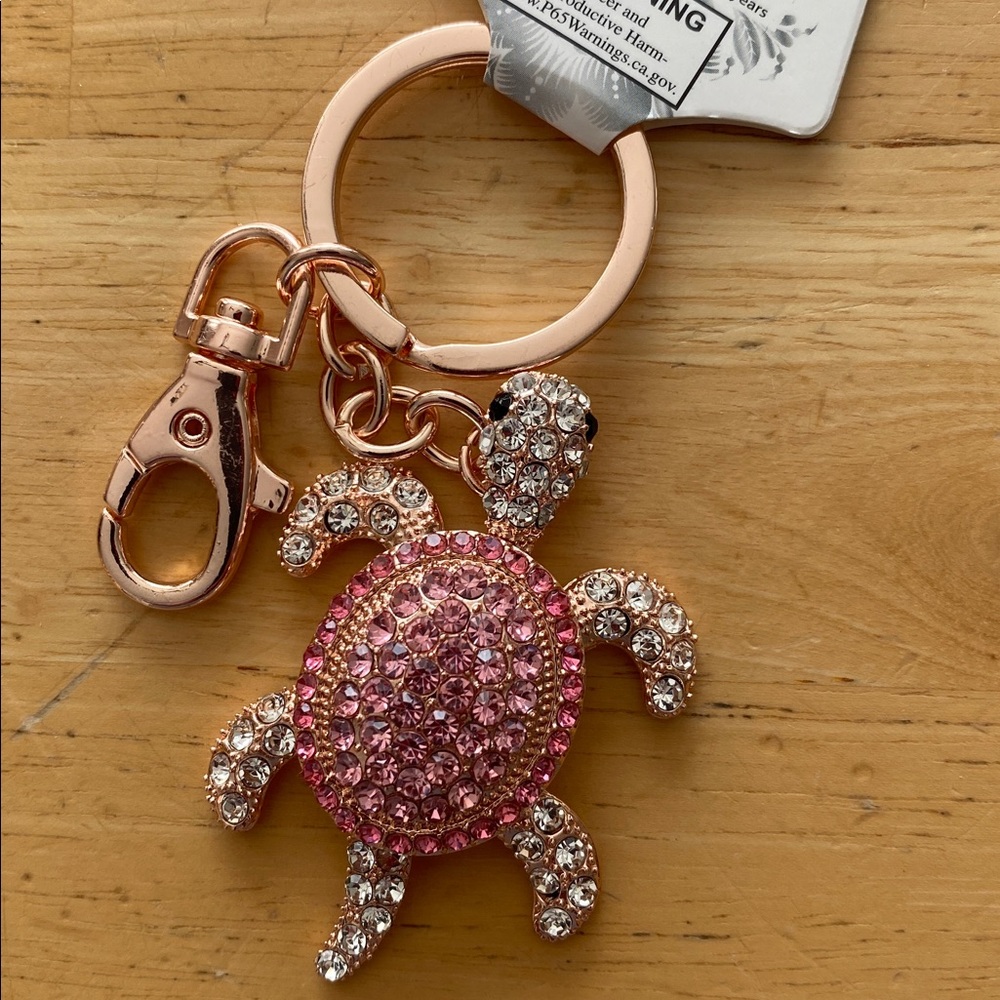 Sparkling Rose Pink & gold sea Turtle bag charm Keychain w rhinestones NWT